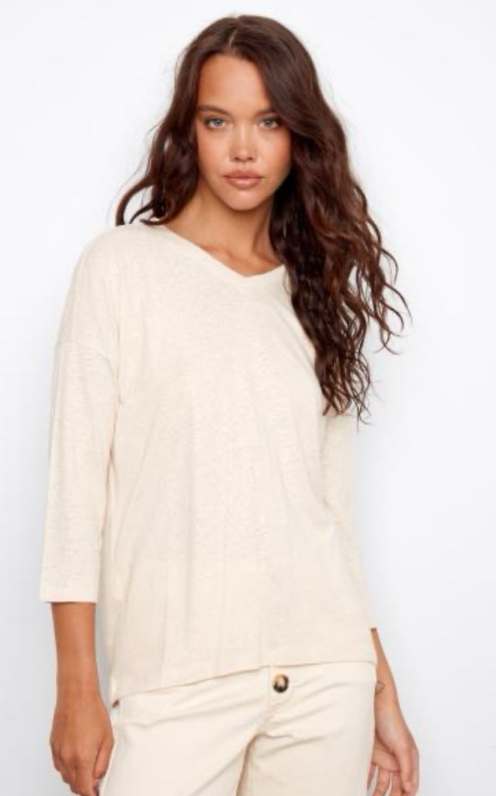 Foil Print V-Neck 3/4 Sleeve Top