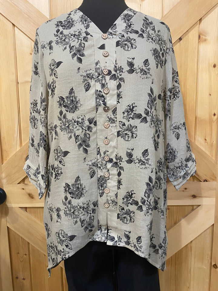 3/4 Sleeve Taupe Flowy Blouse W/Collar