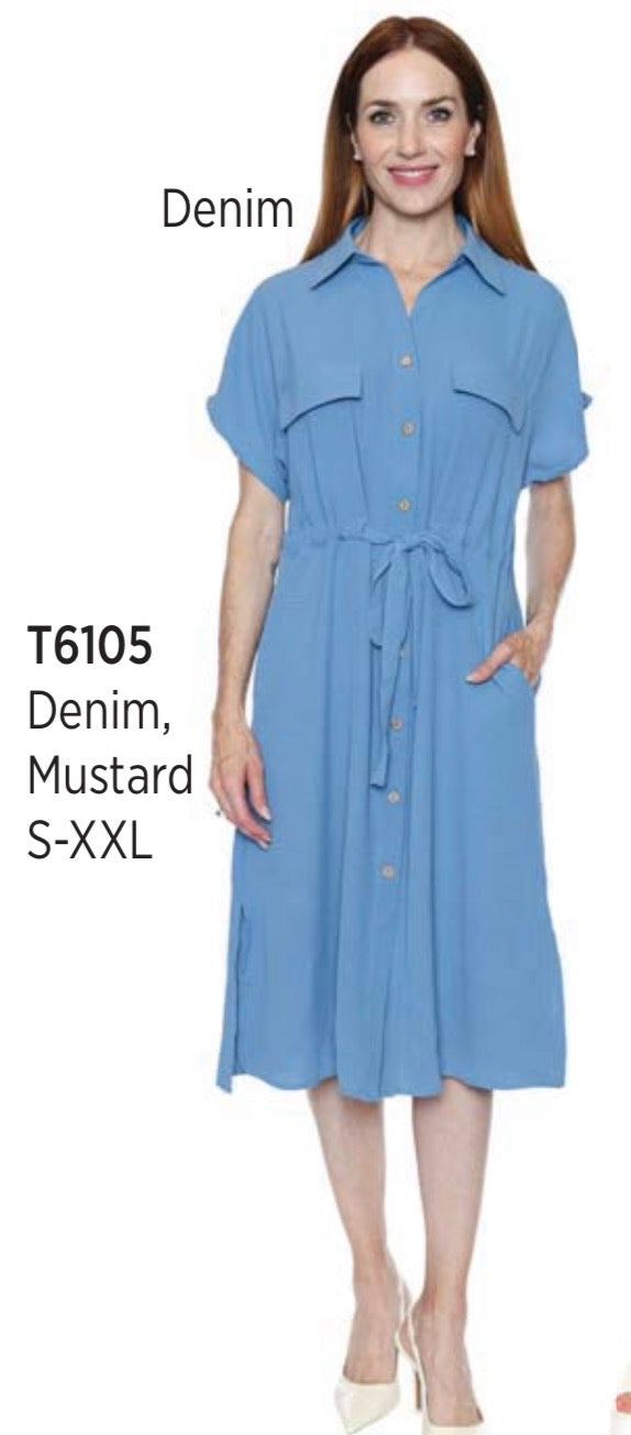Short Sleeve Dress W/Waist Tie & Pockets