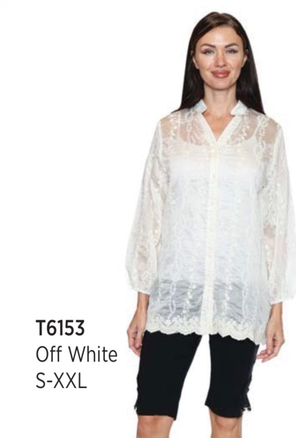 Sheer Button Blouse W/Embroidery