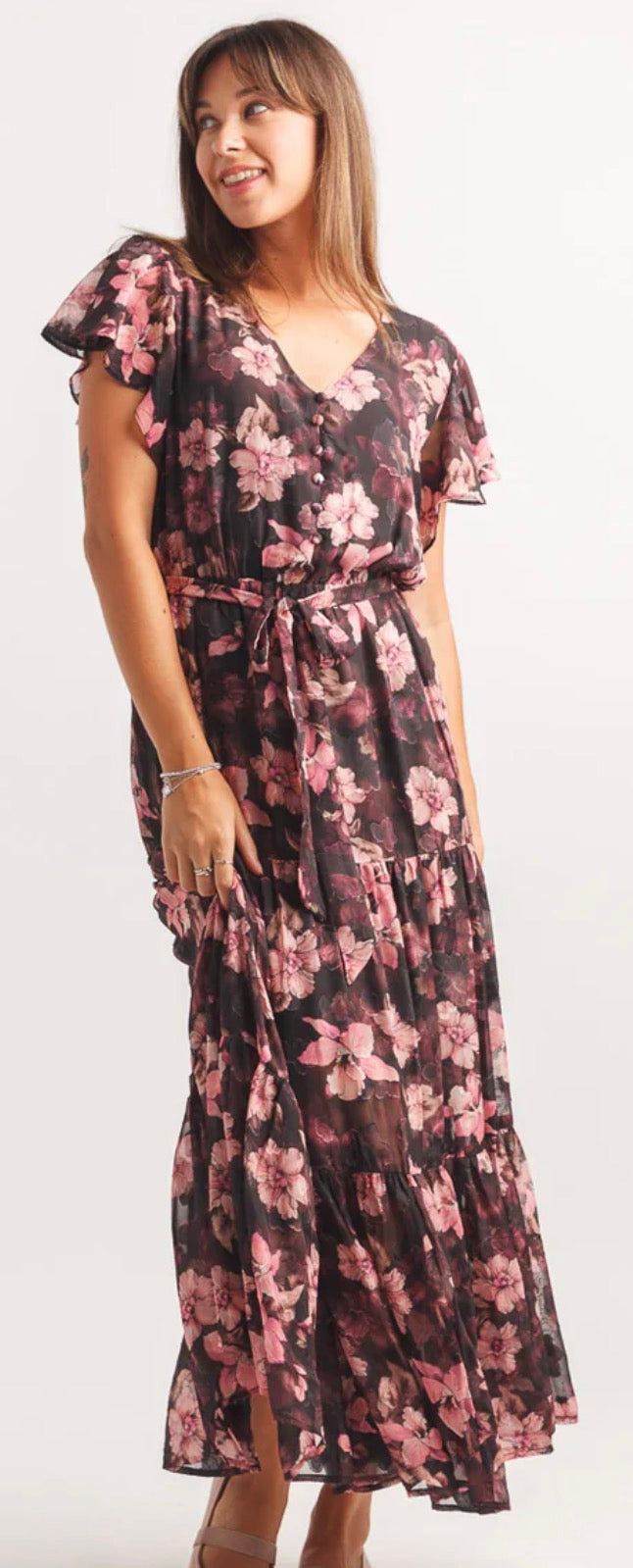 Floral Satin Burnout Tiered Maxi Dress