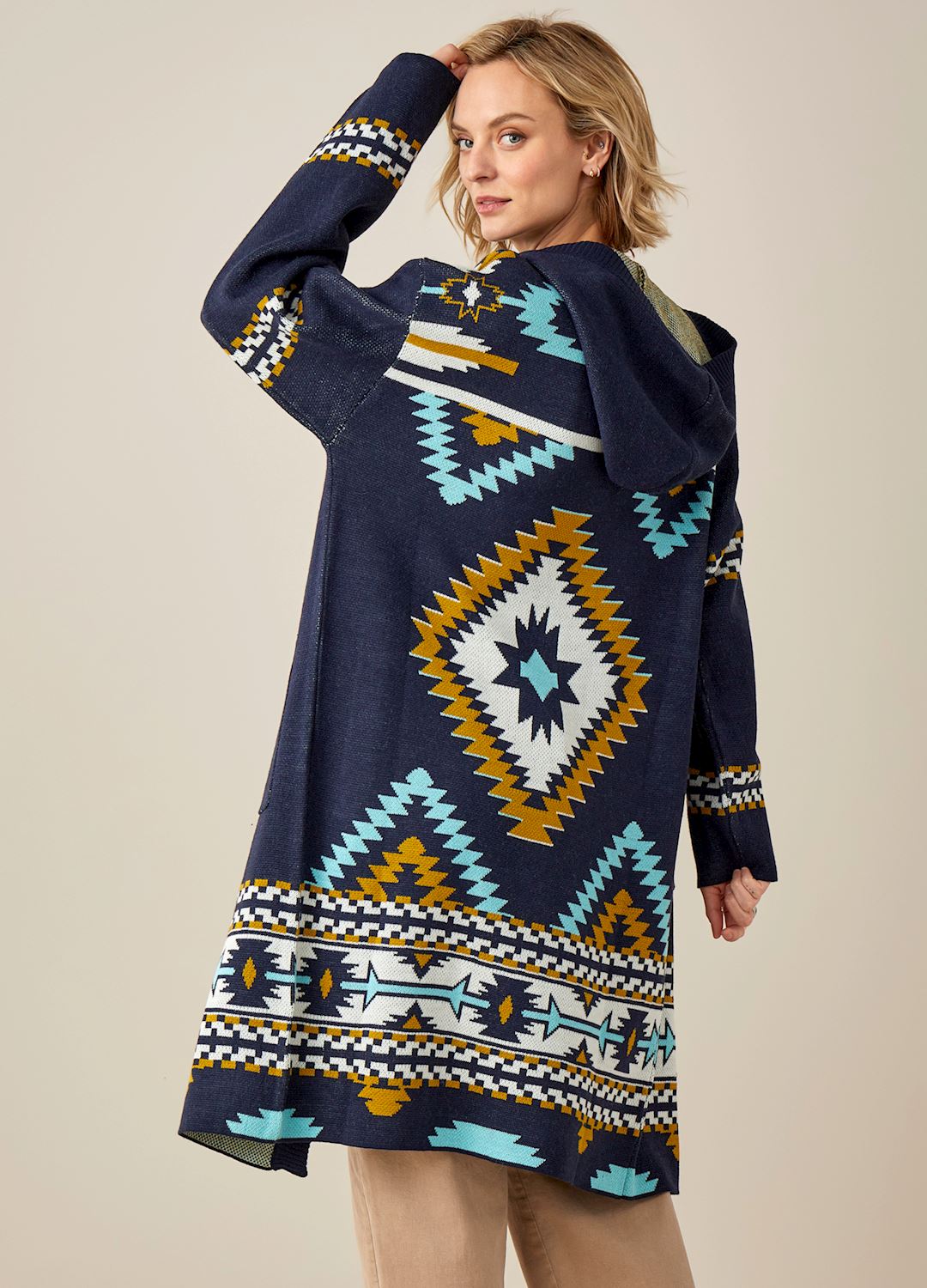 Navy & Yellow Aztec Hooded Cardigan