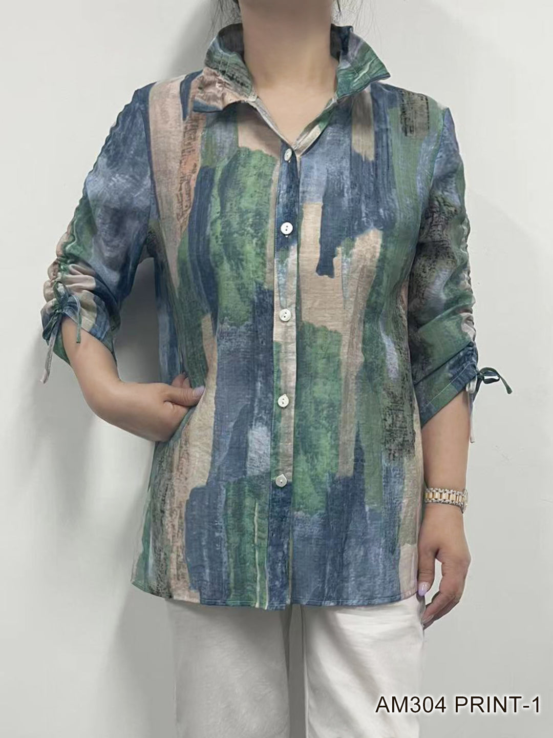 Watercolor 3/4 Length Sleeve Collared Blouse