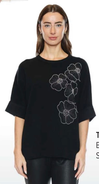 Half Sleeve Sweater W/Beaded Flower Design