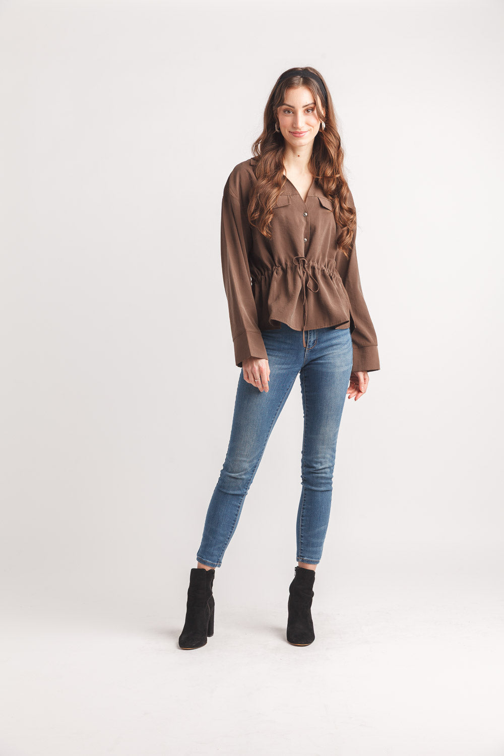 Collared Henley Blouse W/Drawstring