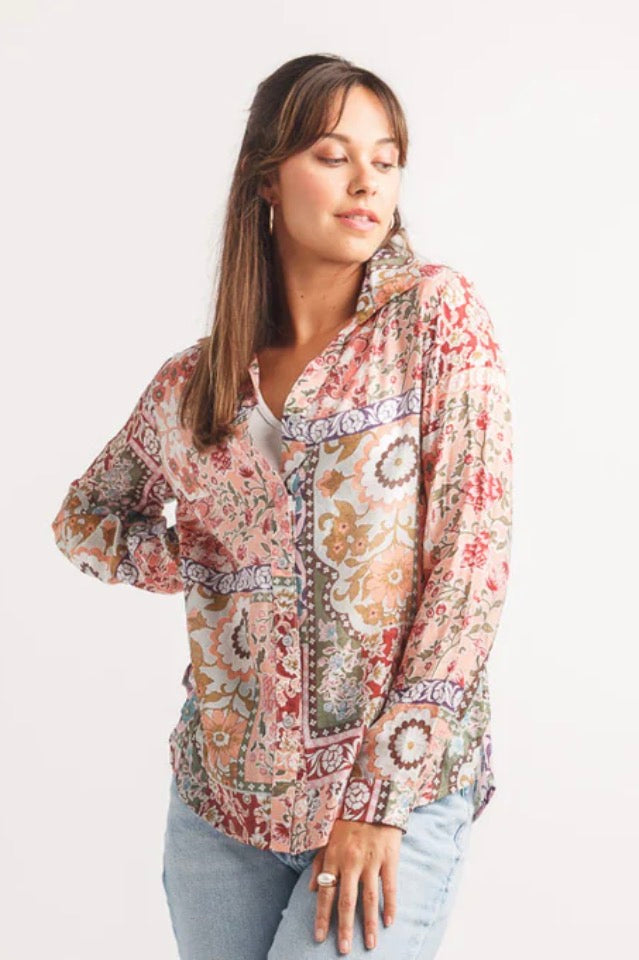 Patch Print Collared Button Front Blouse