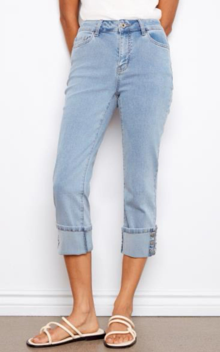 Stretch Denim Pant W/Cuff Snap Hem Detail