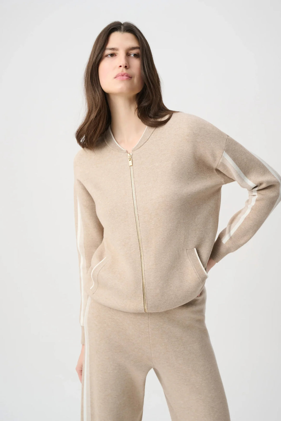 Beige Stripe Zip Up Jacket