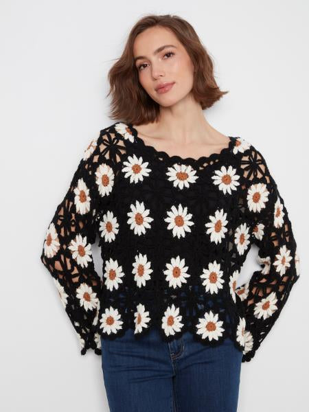 Long Sleeve Flower Crochet Sweater