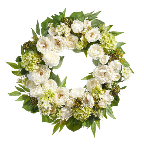 26” White Peony, Ranunculus & Geranium Wreath