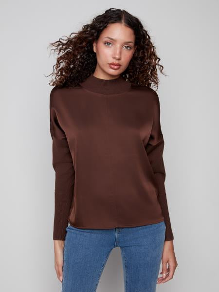 Satin Knit Top W/ Mock Neck