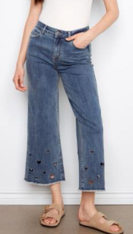 Wide Leg Stretch Denim Pant W/Heart Cut Outs