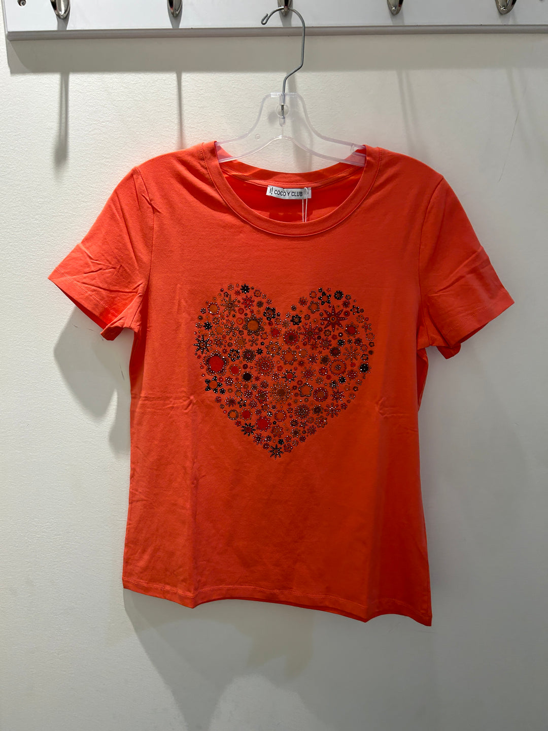 Coral Bedazzled Heart T-Shirt