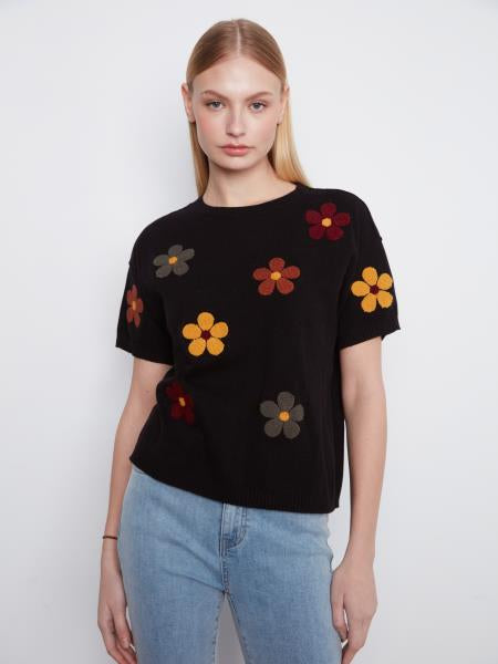 Elbow Sleeve Balloon Shape Embroidered Flower Sweater