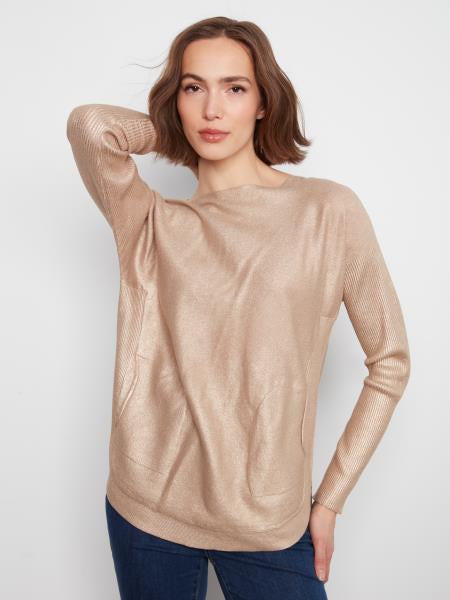 Long Sleeve Boat Neck Foiled Print Top