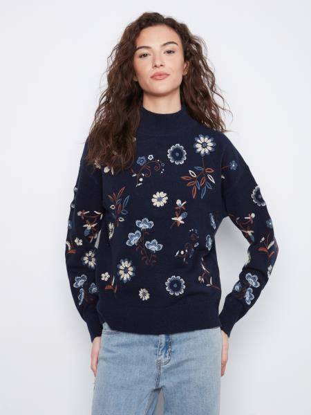 Embroidered Mock Neck Long Sleeve Sweater
