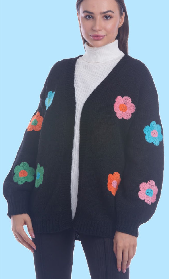 Black Knit Cardigan W/ Flowers