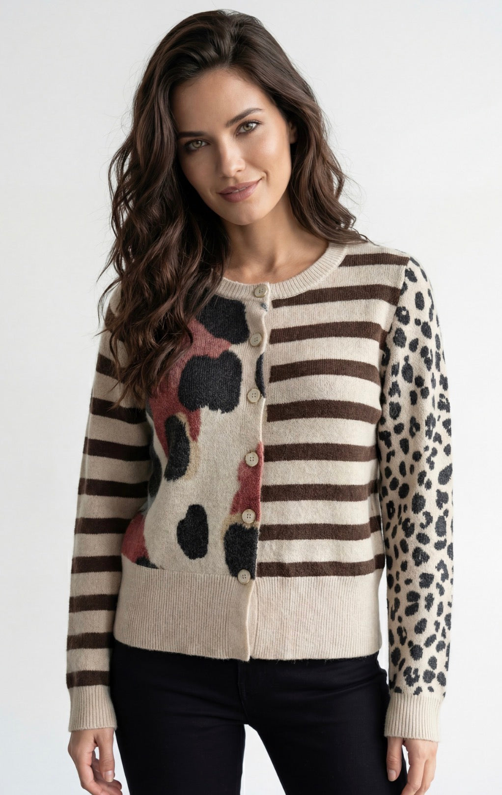 Multi Pattern Button Front Cardigan