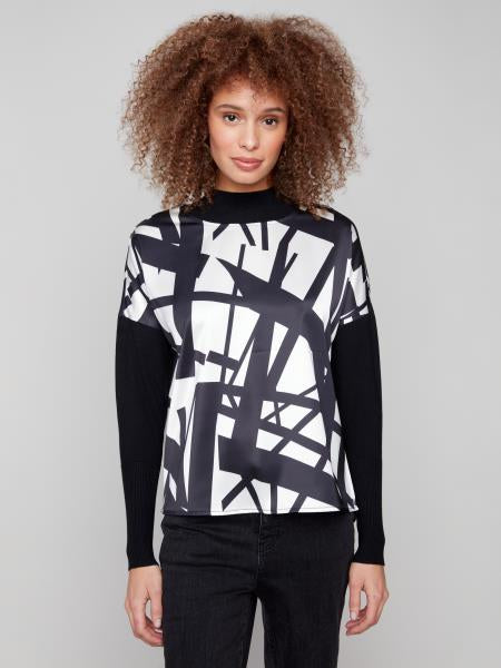 Printed Satin Knit Mock Neck Top