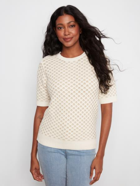 Short Sleeve Metallic Two Tone Honeycomb Top