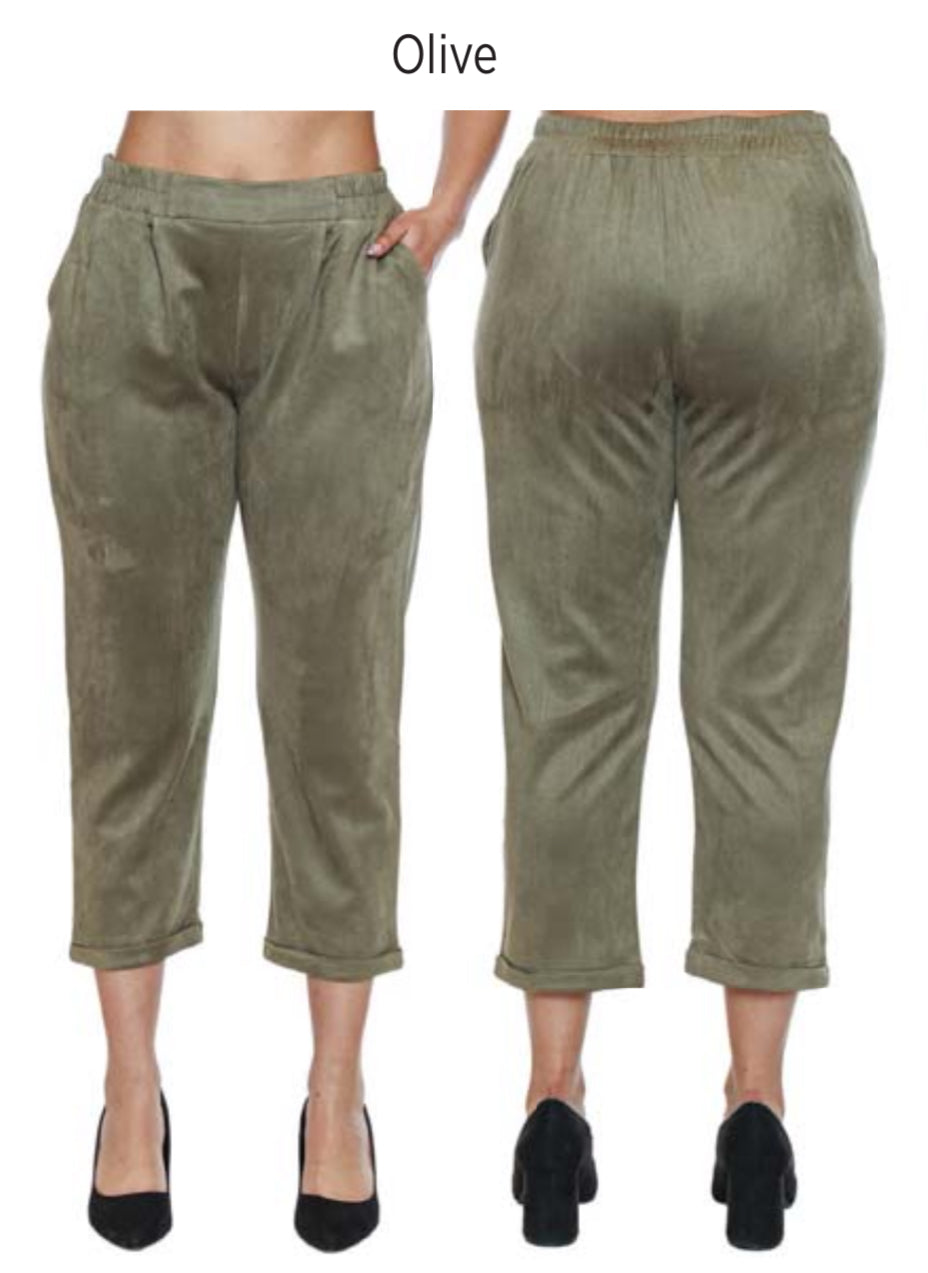 Olive Suede Capri Pull On Pant