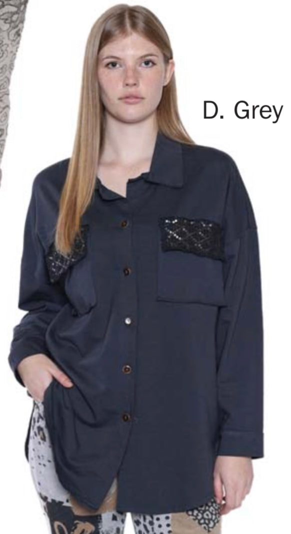 Dark Grey Button Front & Detail Pocket Blouse