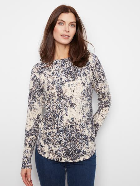 Long Sleeve Printed Boat Neck Sweater