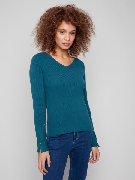 Ribbed V-Neck Sweater W/ Heart