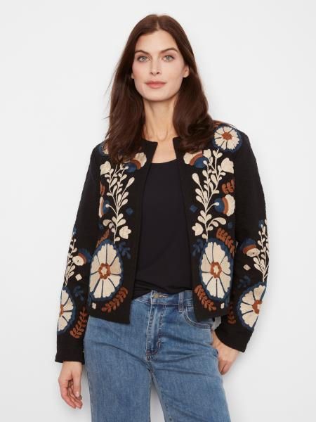 Embroidered Basketweave Collarless Jacket