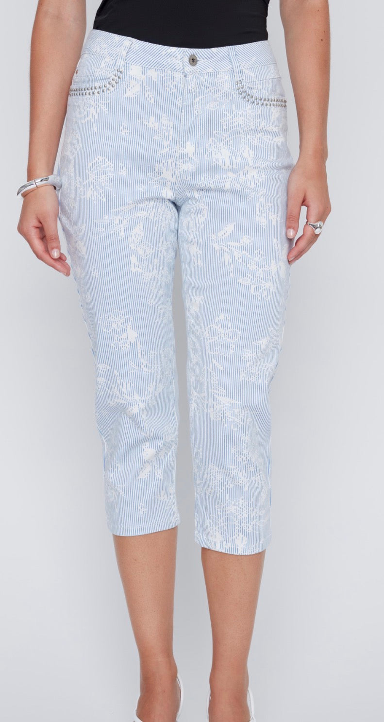 Striped Floral Patterned Capri Pant