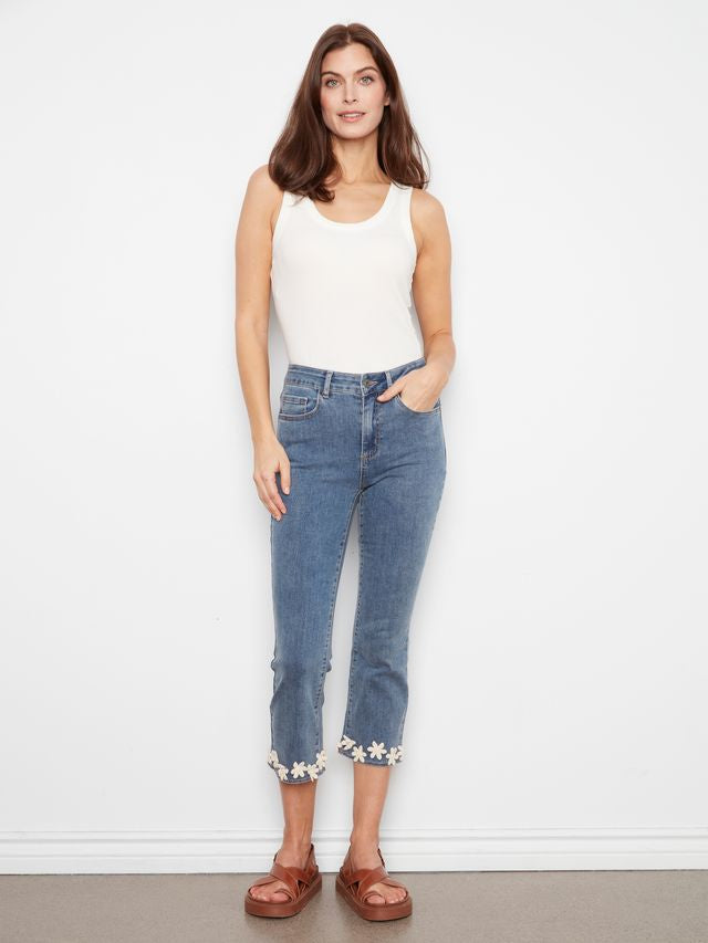 Flare Leg Stretch Denim W/Floral Hem