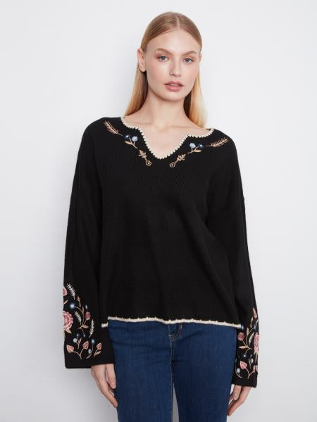 Embroidery Ribbed Sweater W/Neck Notch