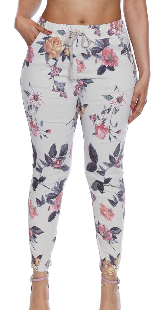 Floral Pattern Beige Drawstring Pant