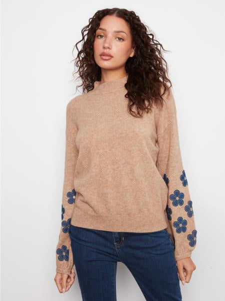 Mock Neck Sweater W/Flower Patches On Sleeves