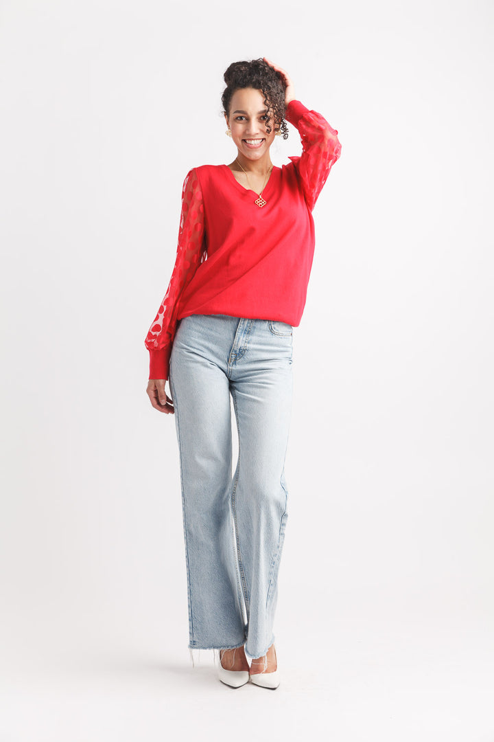 V-Neck W/Mesh Polka Dot Sleeve Top