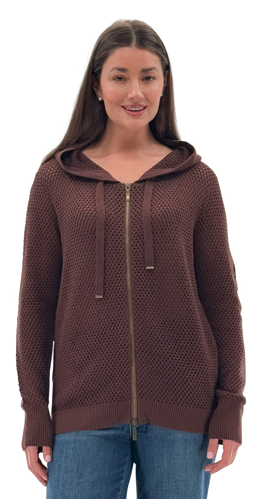Knit Hooded Zip Up Top W/Gold Flake Detail