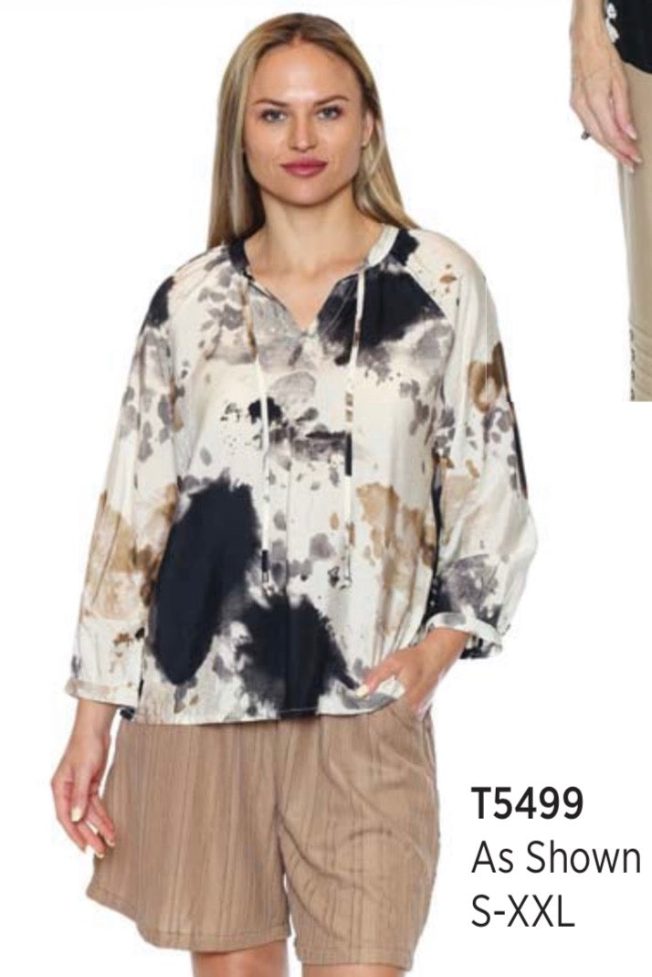 Long Sleeve Collared Abstract Patterned Blouse