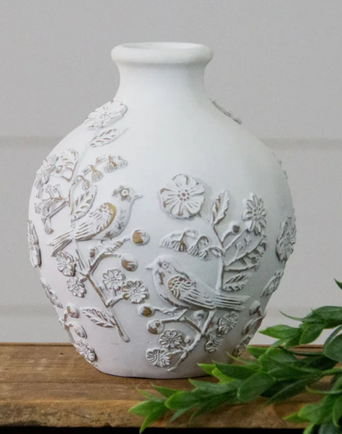 Vase W/Textured Flowers & Birds