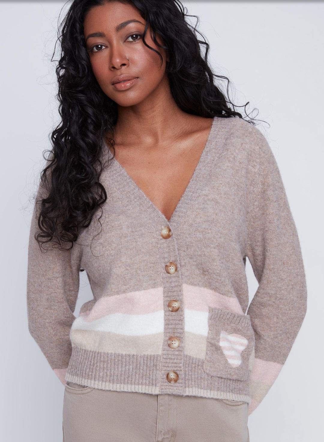 Knit Button Front Striped Heart Cardigan