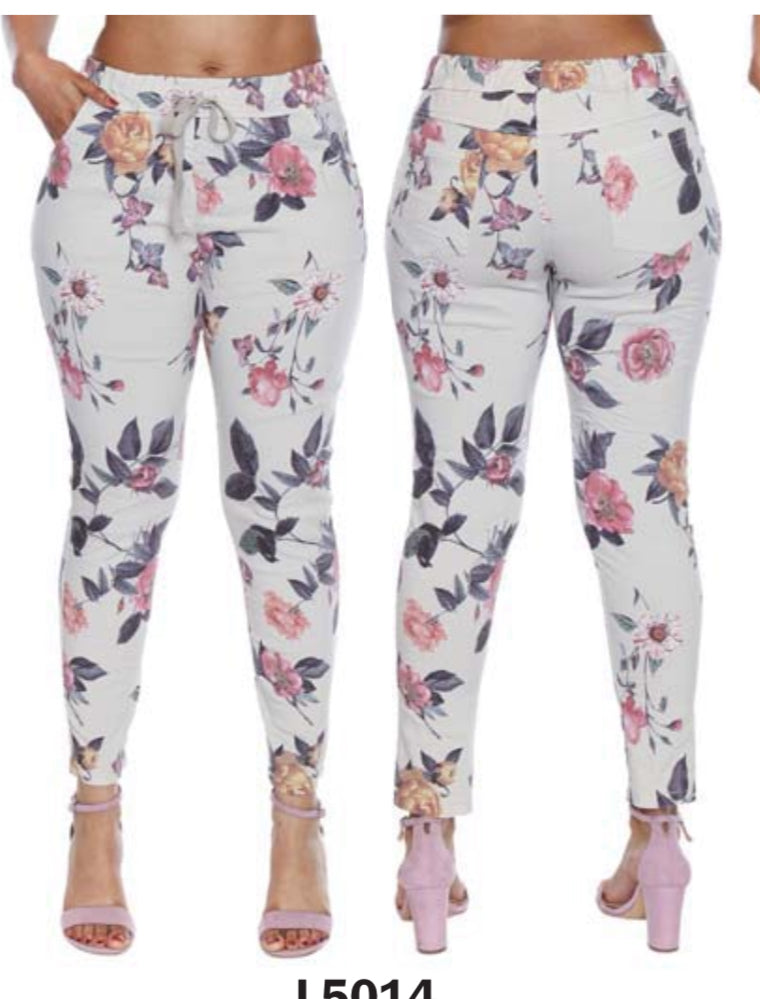 Floral Pattern Beige Drawstring Pant