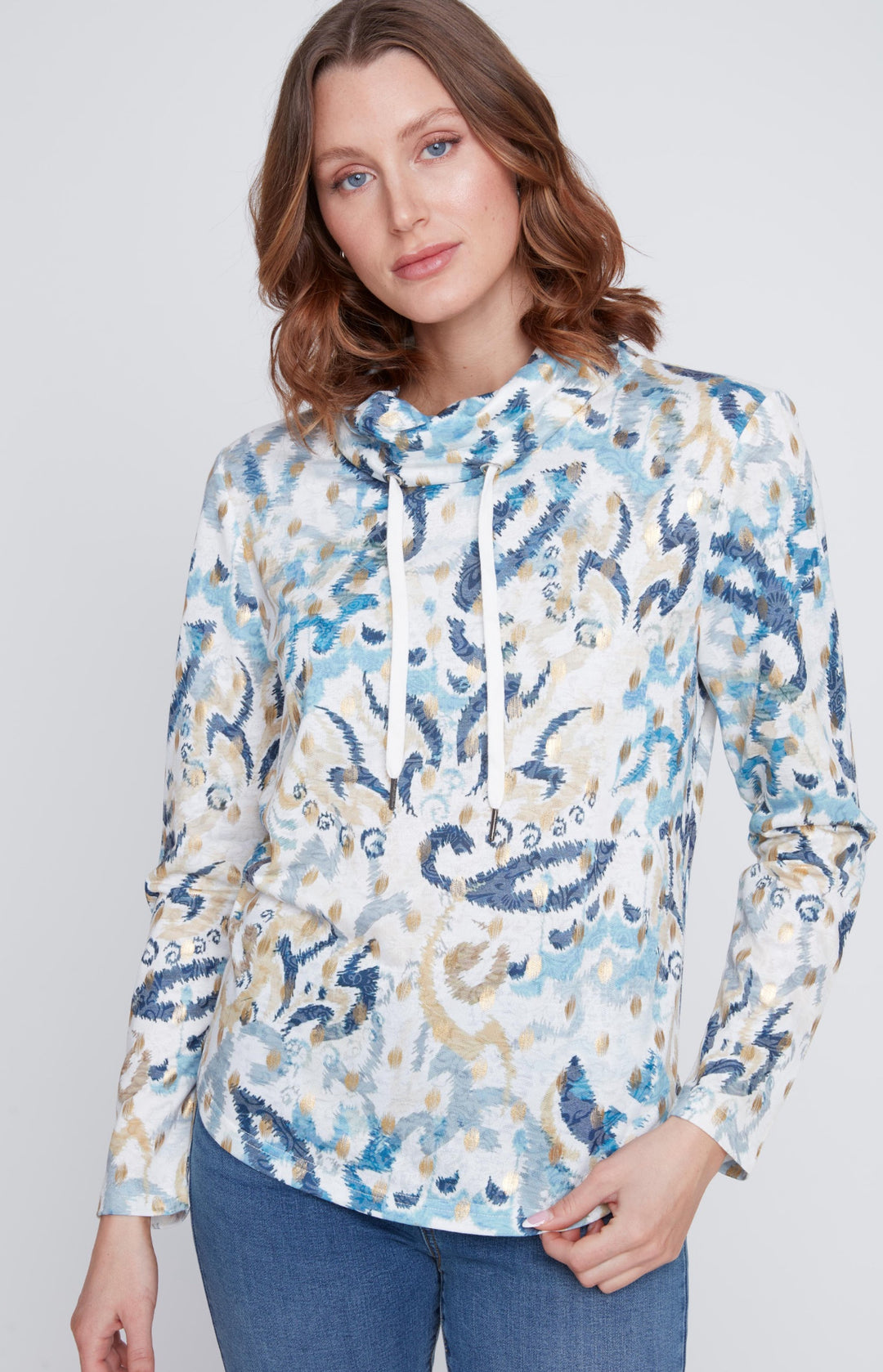 Blue Multi Color Long Sleeve Cowl Neck Top