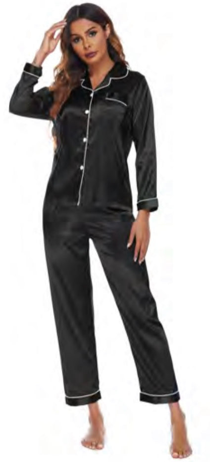 Silk PJ Set W/Contrast Piping & Buttons