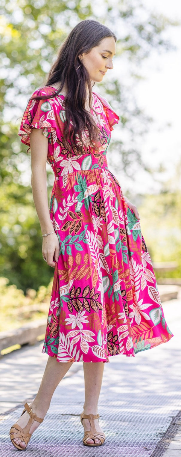Tropical Print Midi Dress W/Pockets