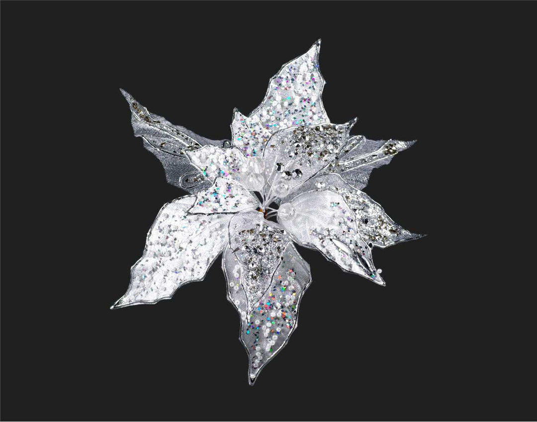 Silver Glitter Poinsettia Clip