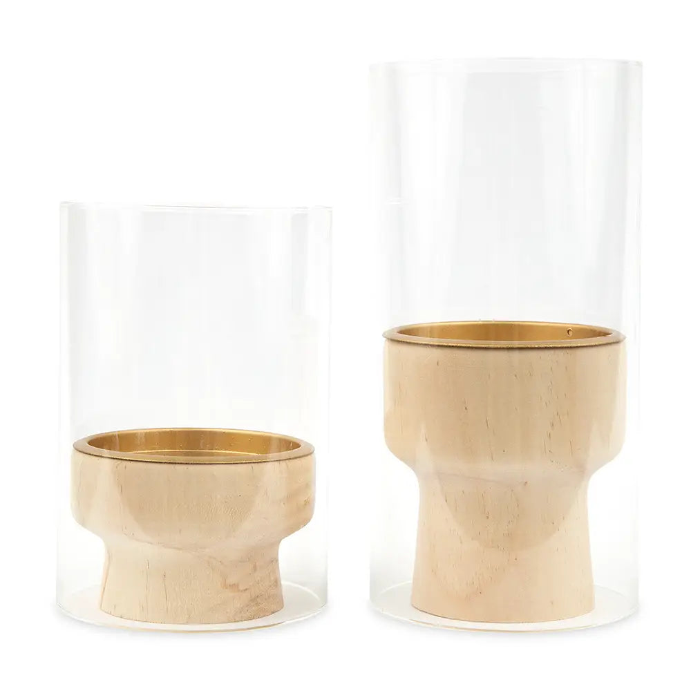 Set Of 2 Wood & Glass Candle Holders