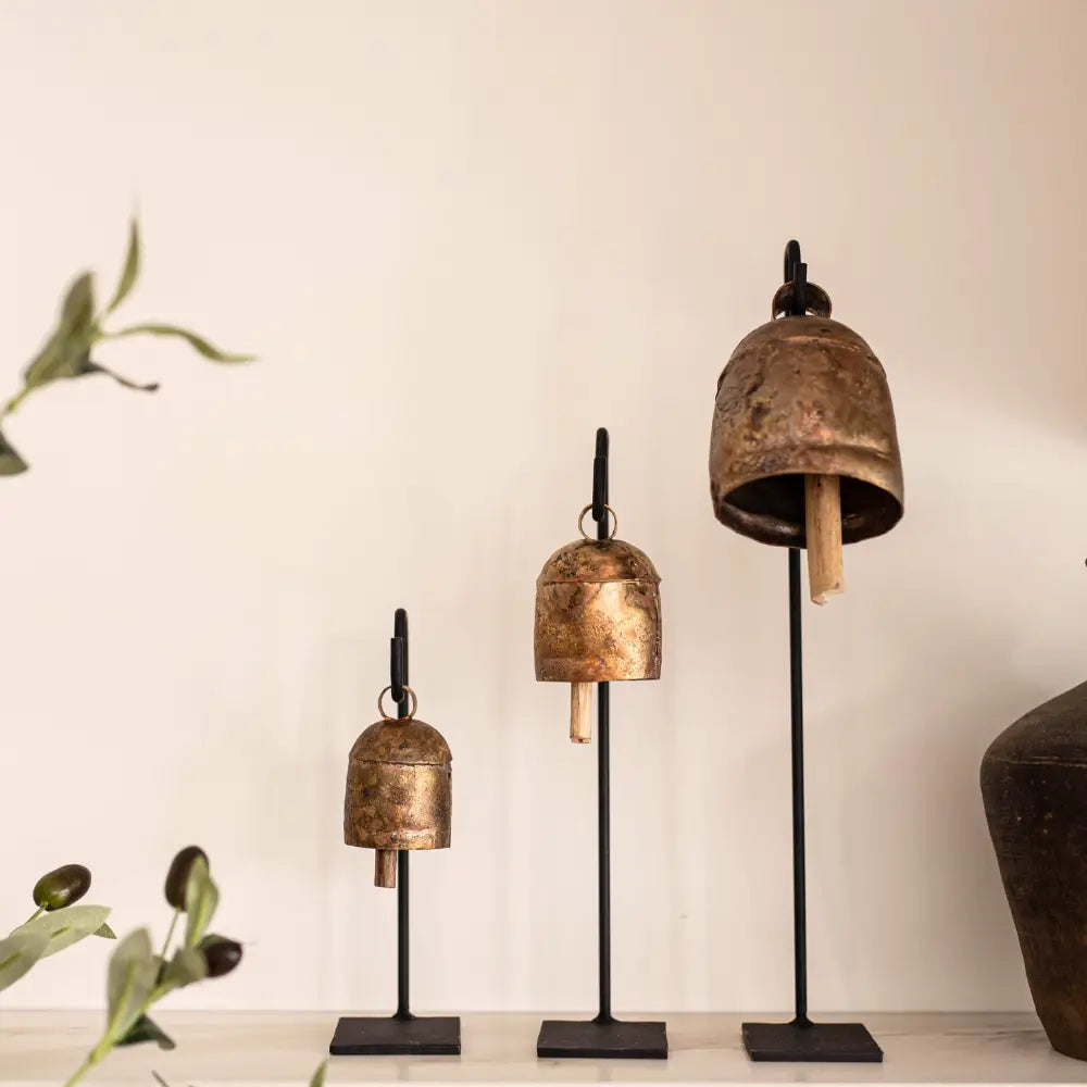 Set Of 3 Copper Bell W/Stand