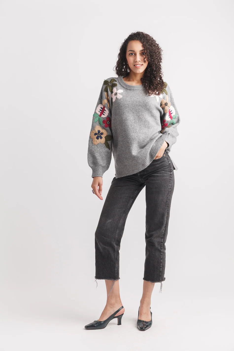 Balloon Sleeve Sweater W/Embroidery