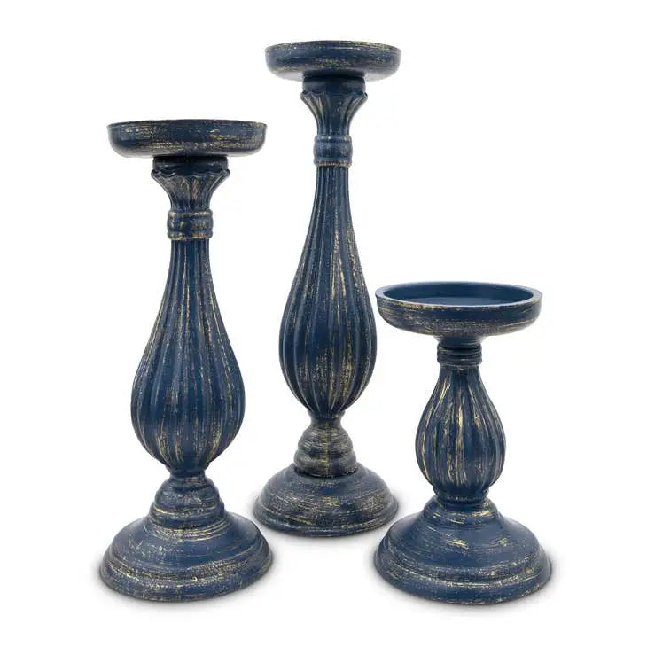 Tired Wood Spindle Candle Holder Navy