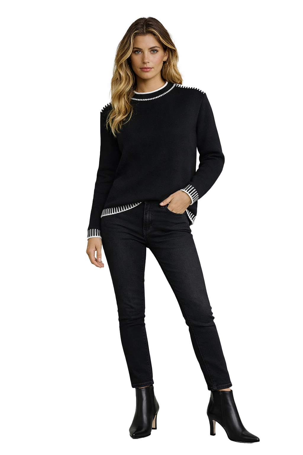Long Sleeve Knit Sweater W/Neck Detail