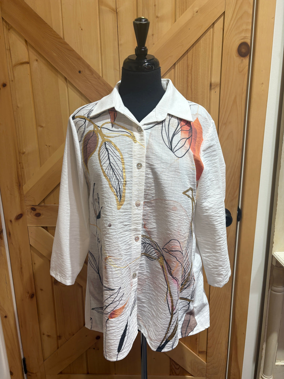 3/4 Sleeve Collared Abstract Pattern Top